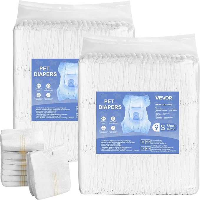 VEVOR Disposable Dog Diapers, Super Absorbent Female Dog Diapers, 360° Leak-Proof Female Doggy Pet Diaper with Wetness Indicator for Heat Period, Training, Incontinence - S, 144 Count (2 Packs of 72)