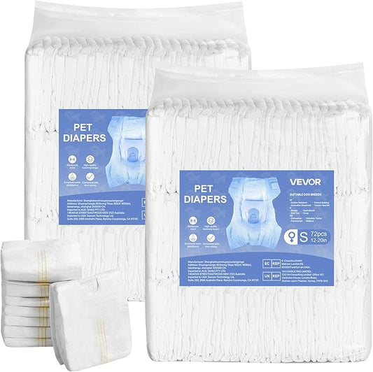 VEVOR Disposable Dog Diapers, Super Absorbent Female Dog Diapers, 360° Leak-Proof Female Doggy Pet Diaper with Wetness Indicator for Heat Period, Training, Incontinence - M, 144 Count (2 Packs of 72)