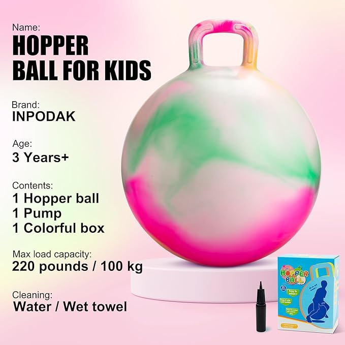 INPODAK Hopper Ball 18 Inch Bouncy Ball with Handle for Kids, Hippity Hop Jumping Bouncer Hopping Toy for Boys and Girls Ages 3-6 with Pump and Gift Box for Birthday