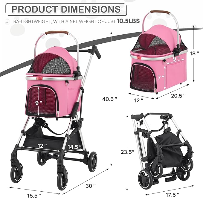 MoNiBloom Pet Stroller for Small/Medium Dogs w/Detachable Carrier & Lightweight Aluminum Frame, Folding Jogging Travel Stroller, Pink