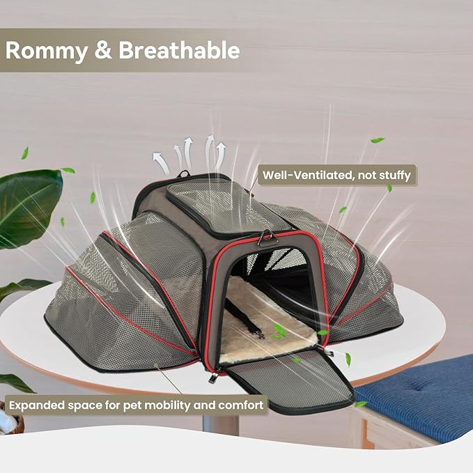 Petsfit 2 Side Expandable Pet Carrier Dog Carrier Cat Carrier for 2 Cats, 19" Lx 12" Wx 12" H, with Soft Cushion, Built-in Safety Rope, Pockets, Fit for Car Travel