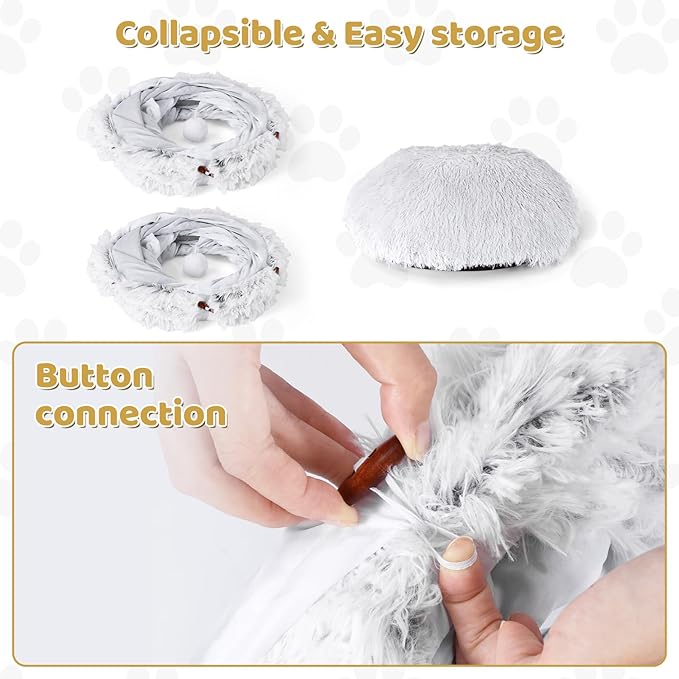 Odoland Cat Tunnel Bed with 20 Cat Toys - Indoor Plush Kitten Couch, Detachable Cats Cave Donut Tunnel & Soft Kitten Toy Set - Cozy Cat Furniture, White