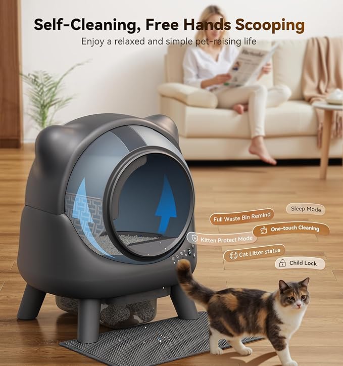 Self Cleaning Litter Box, Automatic Litter Box, FEELNEEDY Odor Control Robot, Cat Ears Design, 65L APP Real-Time Monitor, Cat Litter-Boxs for Multiple Cats, Safety Sensors, with 1 Trash Bag