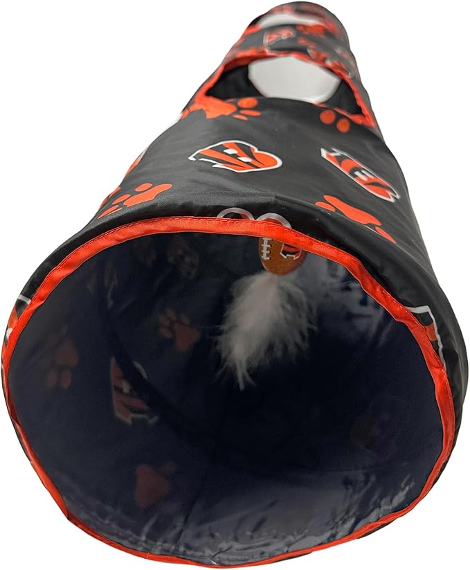 NFL Cincinnati Bengals Cat Tunnel Tube Toy with Plush Football Catnip and Feathers Collapsible Tunnel for Cats to Play, Peek and Hide, Sporty & Fun Cat Tunnel Toy with Team Logo All-Over Design!