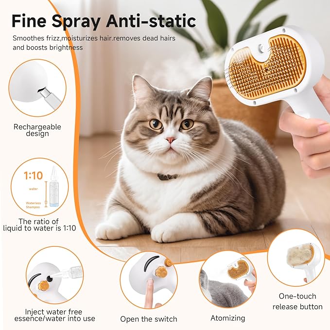 Pet Steam Brush for Dog & Cat - 3-in-1 Steam Grooming Brush for Shedding & Hair Removal - Self Cleaning Spray Comb with Mist for Long Haired Pets - Includes 2*Waterless Shampoo, Yellow