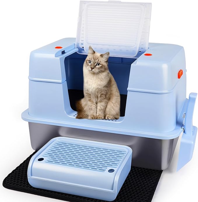 Vivifying Stainless Steel Litter Box with Lid, XL Side Entry Extra Large Litter Box for Big Cats & Kitty, Removable Enclosed Metal Cat Pan with High Sided Enclosure, Scoop, Mat, Footboard (Blue)