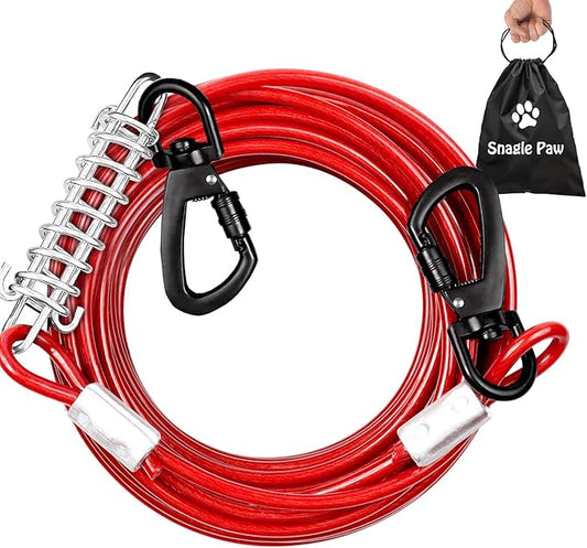 Tie Out Cable Chew Proof 50FT, Heavy Duty Lead for Large Dogs, Runner Cable With Spring for Training Outside Yard & Camping - Red