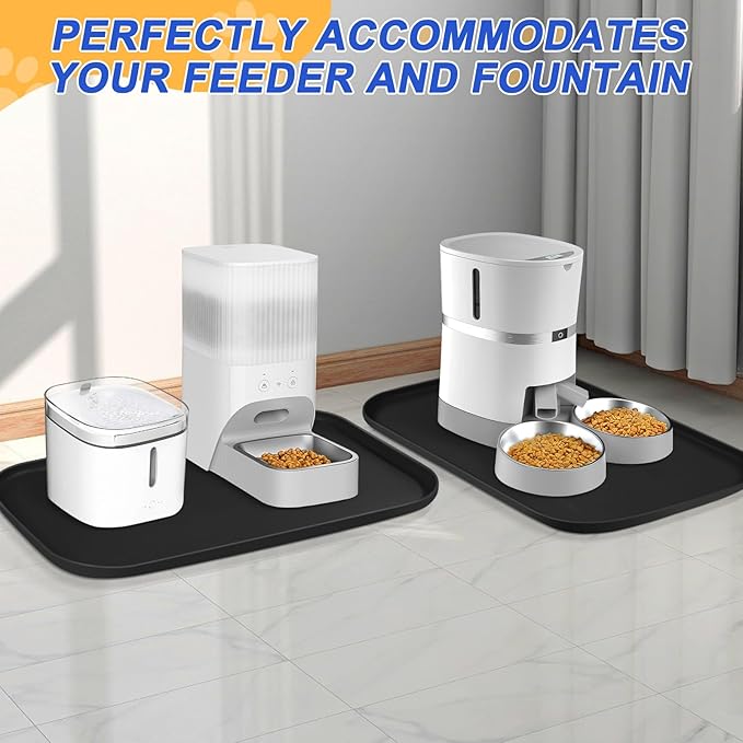 Silicone Pet Feeding Mat with Raised Edge for Food and Water, Dog Bowl Mats, Cat Bowls Placemat with High Lip for Floor Waterproof, Rubber Tray for Cats and Dogs 24 x 16 x0.8 Black