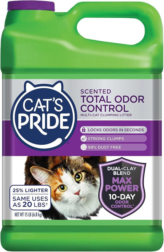 Cat's Pride Max Power: Total Odor Control - Up to 10 Days of Powerful Odor Control - Strong Clumping - 99% Dust Free - Multi-Cat Litter, Scented, 15 Pounds