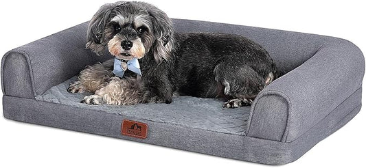Hollypet Orthopedic Dog Bed for Medium Dogs, Supportive Foam Pet Couch with Removable Washable Cover and Non-Slip Bottom, Waterproof Lining Dog Sofa Bed, Gray, M (28 * 22.5 * 7.5)