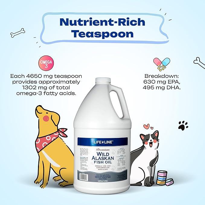 Life Line Pet Nutrition Wild Alaskan Fish Oil for Dogs and Cats 128oz – Omega 3 Fish Oil Supplement for Skin & Coat, Brain, Eye & Heart Health
