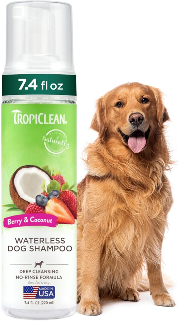 TropiClean No Rinse Waterless Dog Shampoo | Detangling and Deodorizing Dry Shampoo for Smelly Pets | Moisturizes Dry Skin | USA Made | Berry Scent | 7.4oz