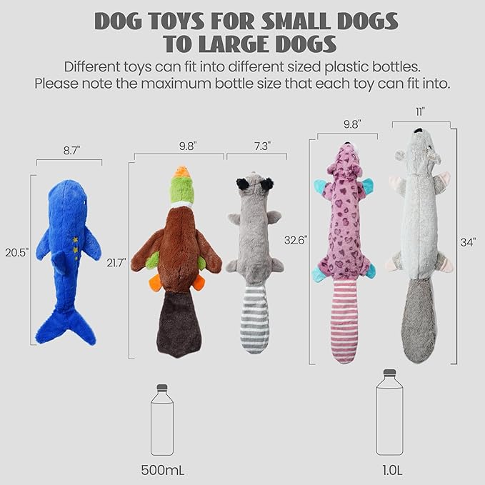 Nocciola 2-in-1 No Stuffing Crinkle Dog Toys with Soft and Durable Fabric, Holds Water Bottles, 2 Extra Long & 3 Regular Size Stuffless Squeaky Dog Toys for Small to Large Dog