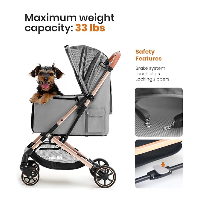 Foldable Pet Stroller for Dogs and Cats, 33 lbs Capacity, 360° Swivel Front Wheels, One-Click Fold, Brake System, Leash & Lock Clips, Removable Washable Padding, and Cup Holder (Gray, 33 lbs)