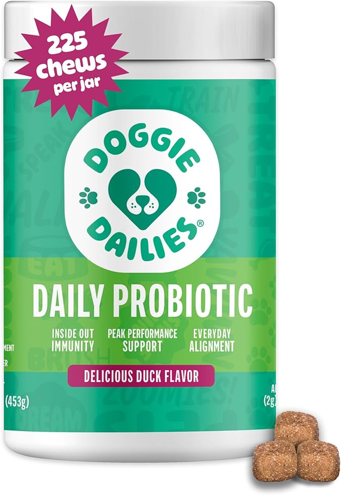 Doggie Dailies Probiotics for Dogs, Advanced Probiotics with Prebiotics, Promotes Digestive Health, Supports Immune System & Overall Health, Duck Flavor, 225 Chews