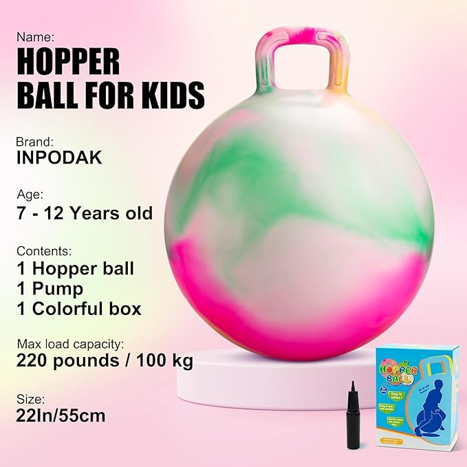 INPODAK Hopper Ball 22 Inch Bouncy Ball with Handle for Kids, Hippity Hop Jumping Bounce Hopping Toy for Boys Girls Ages 7-12 with Pump and Gift Box Great Gift for Birthday Holiday (Pink)