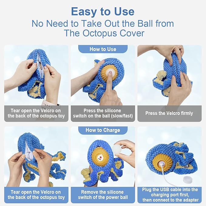 Interactive Dog Toys Octopus,Durable Automatic Jumping Dog Toy to Keep Them Busy,Squeaky Moving Tug of War Doggie Toy,USB Rechargeable Puppy Toys (Blue)