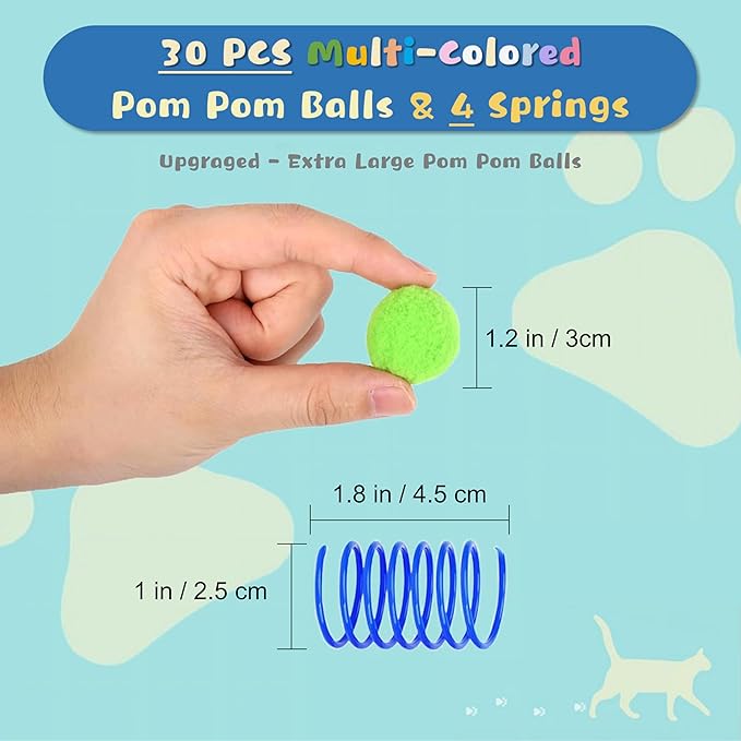 30 Pcs Premium Silent Cat Pom Pom Balls, Interactive Lightweight Assorted Colors Fuzzy Toy Balls (1.2 inches), with 4 Pcs Cat Spring Toy for Indoor Kitten Playing Exercising