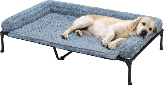 Veehoo Cooling Elevated Dog Bed Add Removable Deluxe Rose Plush Bolster Cushion Mat, 53" x 33" Washable Dog Couch Bed, Raised Pet Cot with Breathable Teslin Mesh, No-Slip Feet, Haze Blue, CWC2439B