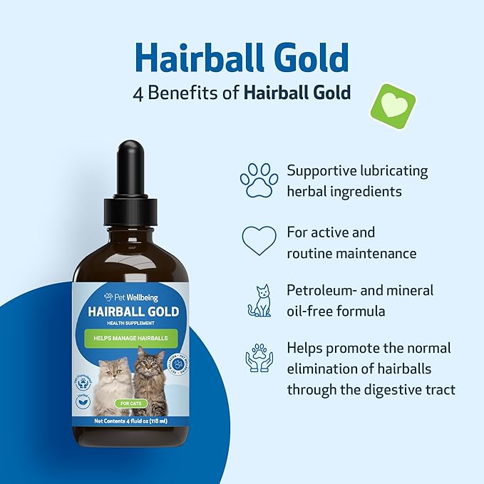 Pet Wellbeing Hairball Gold for Cats - Holistic Hairball and Digestive Care, Normal Elimination, Slippery Elm, MCT Oil, No Mineral Oil - Veterinarian-Formulated Herbal Supplement 4 oz (118 ml)