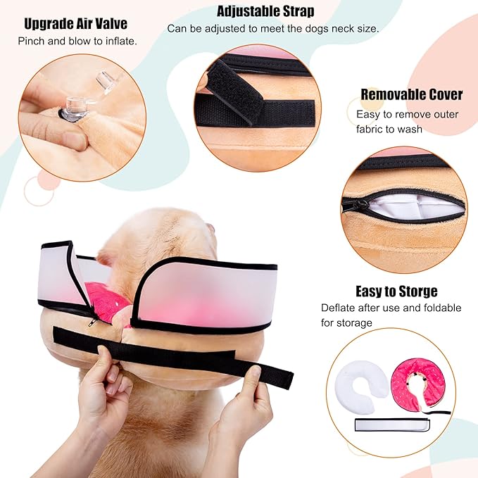 Inflatable Dog Cone Collar with Enhanced Anti-Licking, Soft Neck Donut for Dogs Cats, Recovery Pet Cone Collar After Surgery for Large Medium Small Dogs… (Donut Pink, Large)