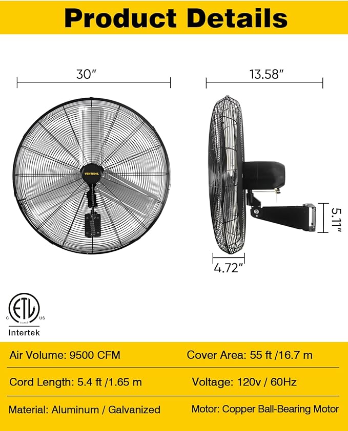 VENTISOL 30 Inch Wall Mount Fan Oscillating, 9500 CFM High Velocity Industrial Fans with 3 Speeds for Garage, Shop, Warehouse, Workshops, Cover Patio, ETL Listed