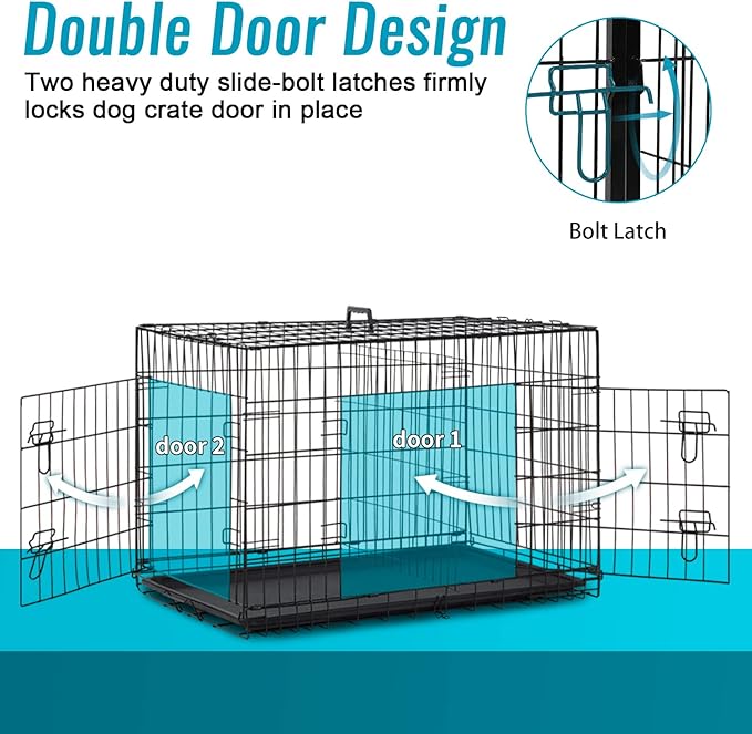 FDW Dog Crate for Small Dogs 24 Inch Folding Metal WirePet Cage Double Door W/Divider Panel Indoor Outdoor Kennel Leak-Proof Plastic Tray,Black