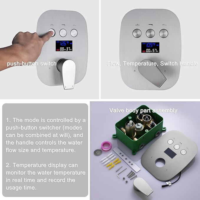 Shower System Brushed Nickel Shower Faucet Set with 12 Inch Ceiling Mounted and 8 Inch Wall Mounted Dual Shower Head and Handle Set with Temperature Display Function