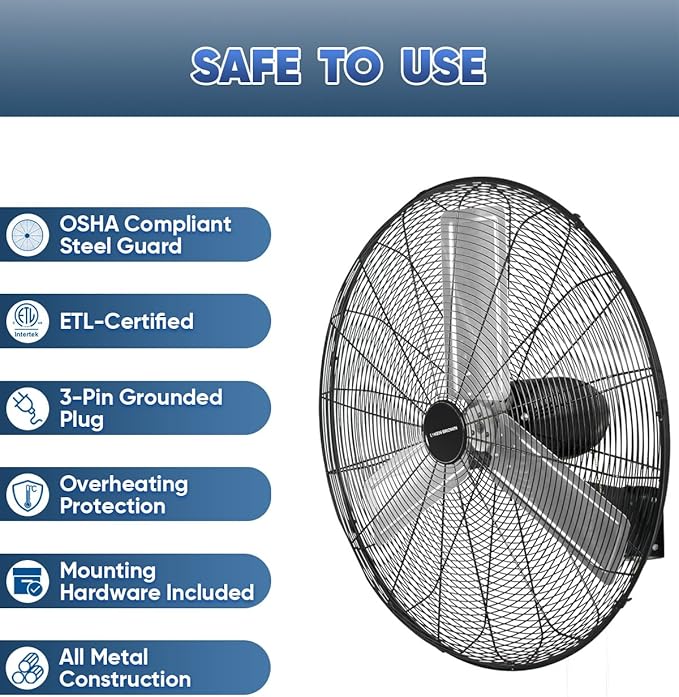 KEN BROWN 30 Inch Industrial Oscillating Wall Mount Fan - 7497 CFM High Velocity, Heavy Duty Metal Construction, 2 Speed Settings, Black