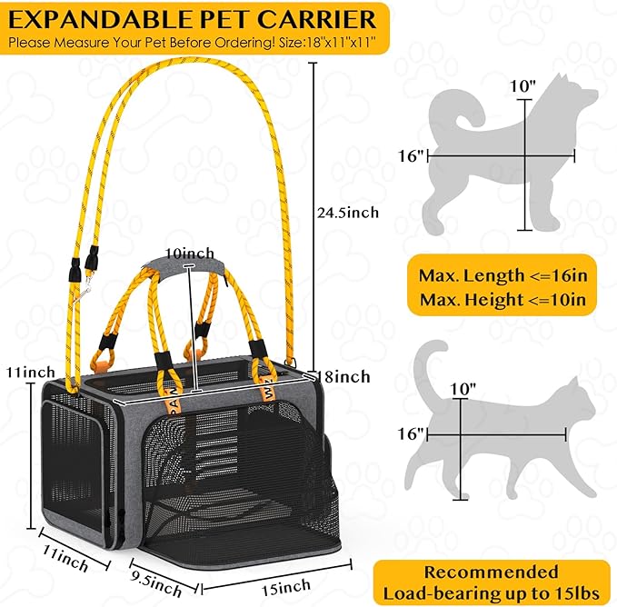 PAWZIDEA Expandable Pet Carrier w/ID Card, 18x11x11 in Small Dog Carrier TSA Airline Approved, Top Load Cat Carrier for 2 Cats Under Seat, Soft-Sided Collapsible Puppy Car Seat Dog Travel Bag, Up 15lb