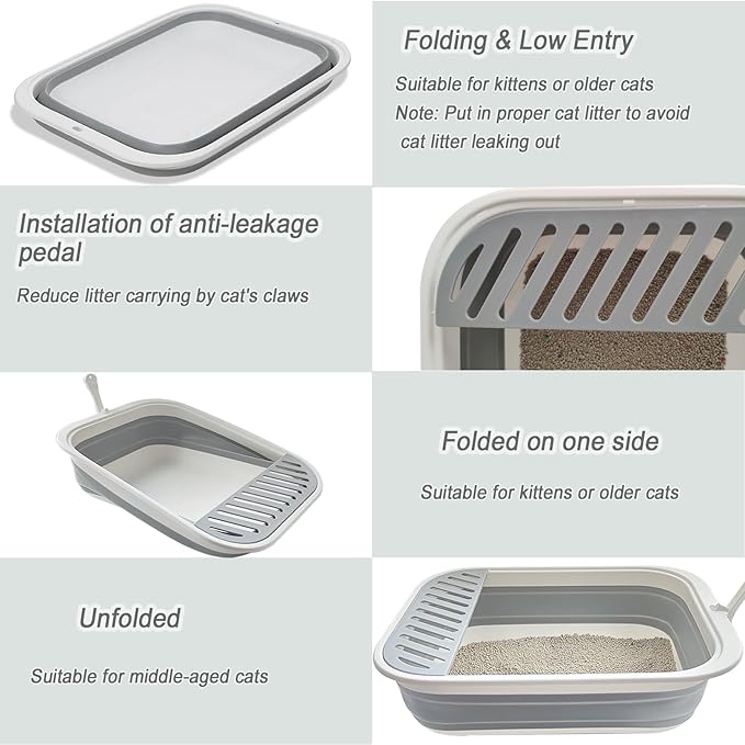 Senior Cat Litter Boxes, Collapsible Open Low Entry Cat Litter Pan with Scoop Travel Kitten Potty Foldable Pet Toilet for Sick Disabled Older Elderly Cats Grey 20.9x15.7x5.7 inch