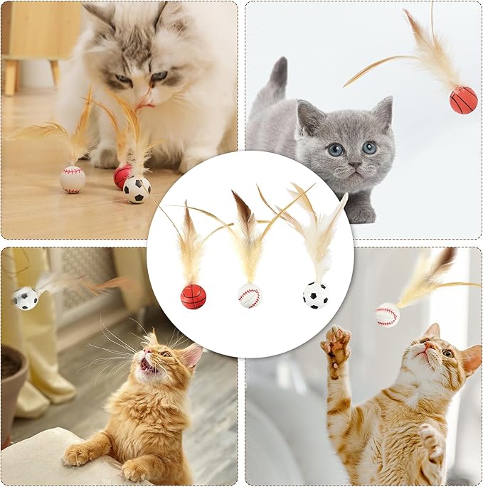 6 Pcs Feather Ball Cat Toy,Interactive Feather Bouncy Ball Toy Set for Cats,Mini and Elastic,Suitable for Pets to Play Indoors and Outdoors