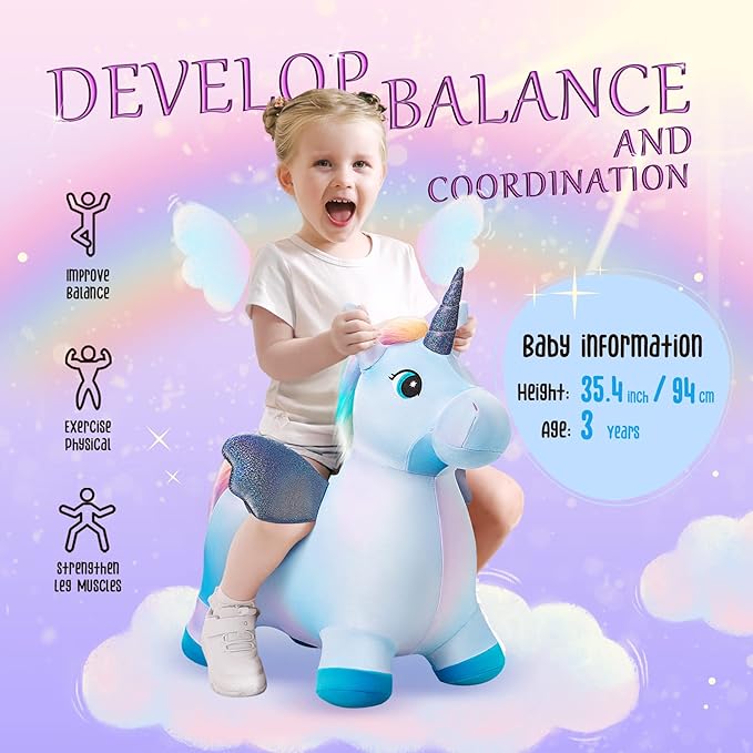 EVERICH TOY Unicorn Bouncy Horses Inflatable Plush Hopping Toy Bouncing Hopper Animals for Toddlers,Outdoor&Indoor Bouncy Animals for Toddlers,Gift for 18 Months 2 3 4 Year Old (W/Pump)