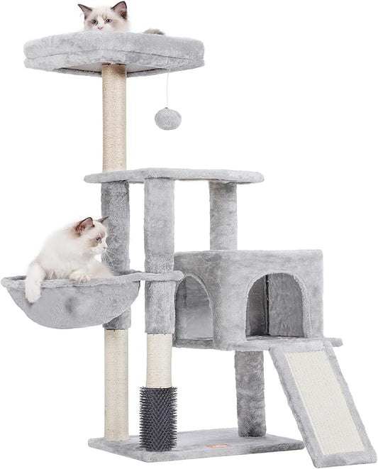 Heybly Cat Tree with Cat Self Groomer Brush, Cat Tower Condo for Indoor Cats with Padded Plush Perch, Cat House with Basket Scratching Board Post, Light Gray HCT005SW