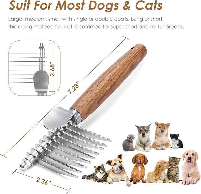 Dog Dematting Comb with Wooden Handle & Detangling Brush - Stainless Steel Undercoat Rake for Long & Thick Haired Dogs & Cats, Professional Grooming Tool for Deshedding and Matted Fur Removal