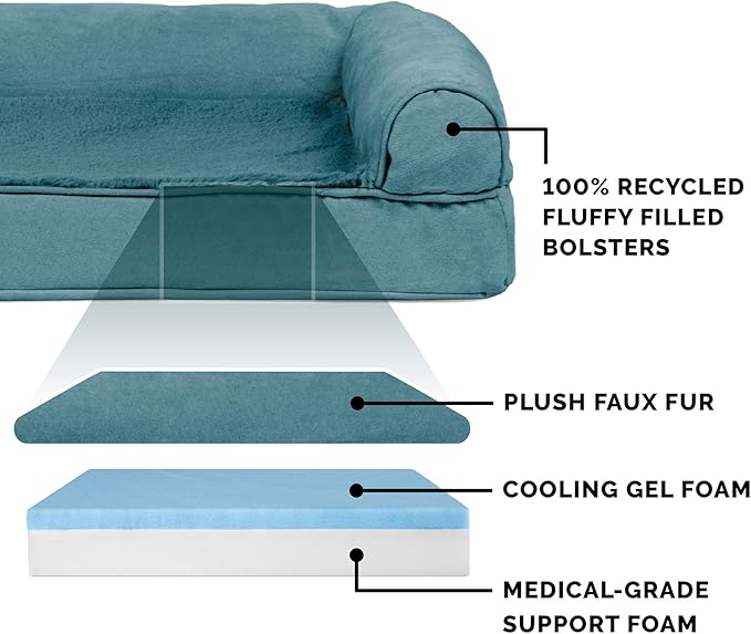 Furhaven Cooling Gel Dog Bed for Large Dogs w/ Removable Bolsters & Washable Cover, For Dogs Up to 125 lbs - Plush & Suede Sofa - Deep Pool, Jumbo Plus/XXL