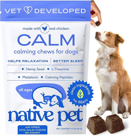 Native Pet Calming Chews for Dogs - Melatonin for Dogs Anxiety Relief - Grain Free All Natural Hemp Calming Treats & L-Theanine Helps Manage Stress & Separation Anxiety - Puppy Sleep Aid - 30 Chews