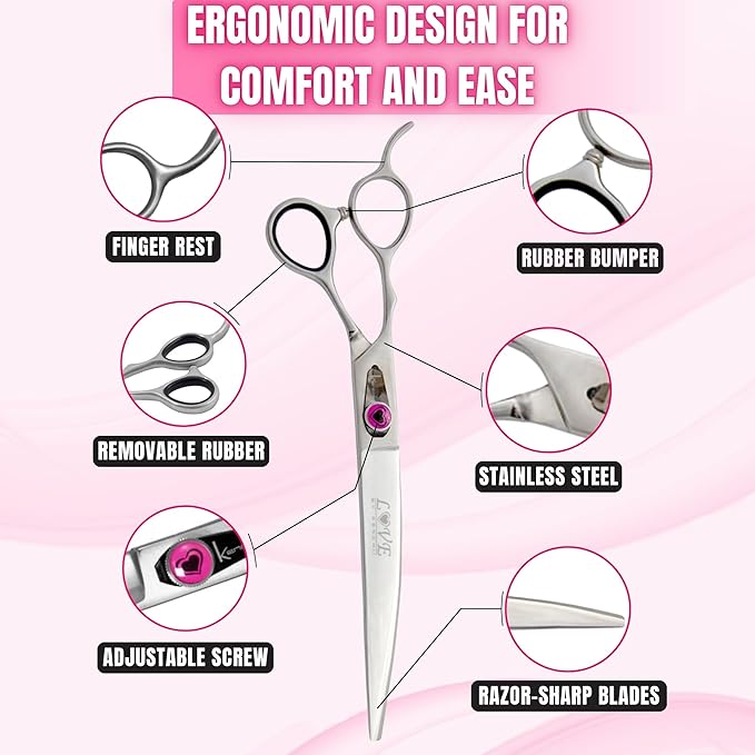 Kenchii Love Dog Grooming Scissors, 8 Inch Curved Shears, Dog Scissors for Grooming, Professional Pet Grooming Scissors