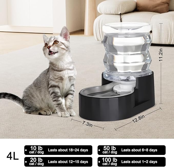 Sfozstra Automatic Gravity Dispenser for Cats: 4L Black Stainless Steel Water Bowl Feeder - Great for Family Homes and Outdoor Activities