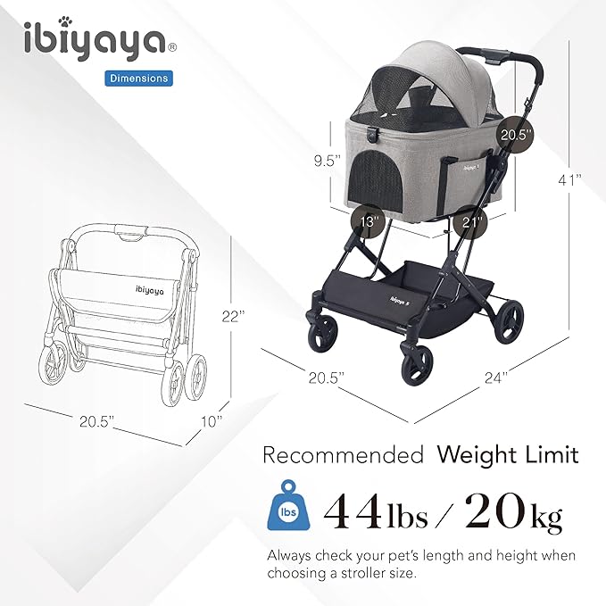 ibiyaya Essential – Travois Tri-Fold Pet Travel System for Medium Dogs, Cats, and More, 3 in 1 Dog Stroller with Detachable Carrier, XL Cabin (Taupe Gray)