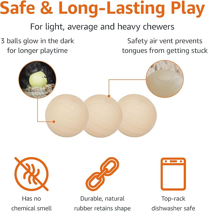 Amazon Basics Dog Toys, Interactive Glow Rubber Balls, (Pack of 3), 2.5 inch, Beige