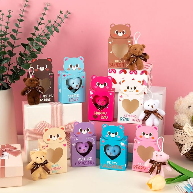 Sofier Valentines Day Gifts for Kids Classroom 27 Pack Valentines Card Boxes with Heart Window Mini Animal Toys Bears Keychains Bulk for Boys Girls Party Favor School Teacher Student