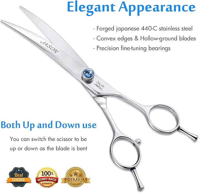 JASON 7" Curved Dog Grooming Scissors, Ergonomic Pets Cats Trimming Shears with Offset Handle and a Jewelled Screw for Right Handed Groomers, Sharp, Comfortable