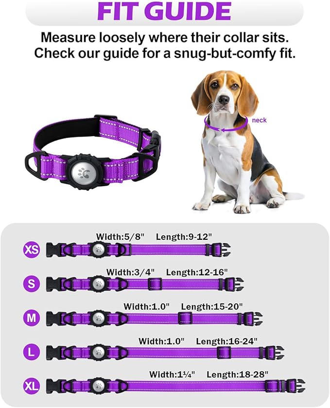 TagME Airtag Dog Collar,Waterproof Reflective Pet Collar with Airtag Holder,Soft Padded and Double D-Rings for Extra Large Dogs,Purple