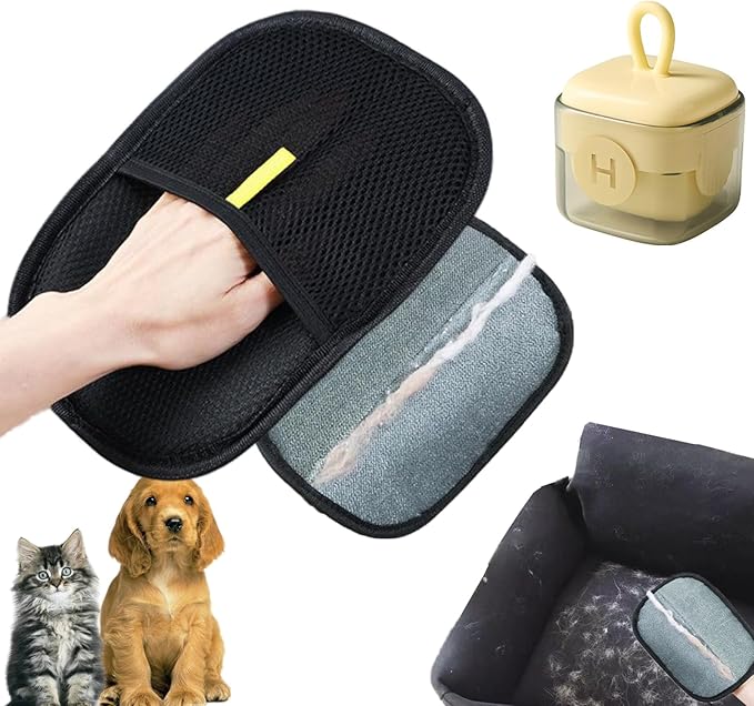Pet Hair Removal Glove for Cats Dogs, Reusable Electrostatic Gloves Pet Hair Remover Mitt Easy Scrape Pet Hair from Cloth, Rugs, Cat Bed, Car Trunk(1 PC Glove &1 PC Lint Roller)