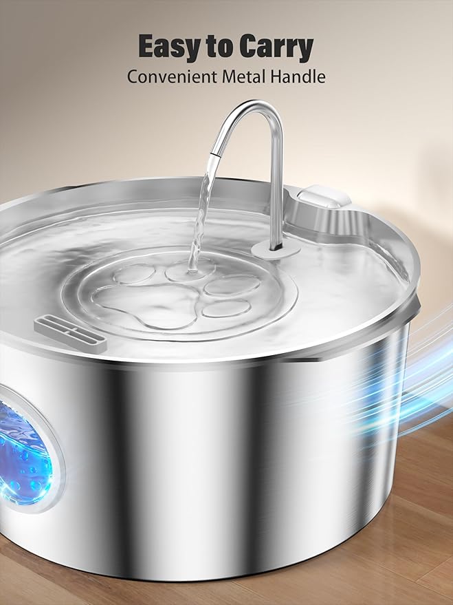 3.4Gal Dog Water Fountain for Large Dogs, Extra Large Stainless Steel Pet Water Fountain, Round Dog Water Bowl Dispenser with Metal Handle, Water Level Window, Supet Quiet Pump for Multi Pet Home