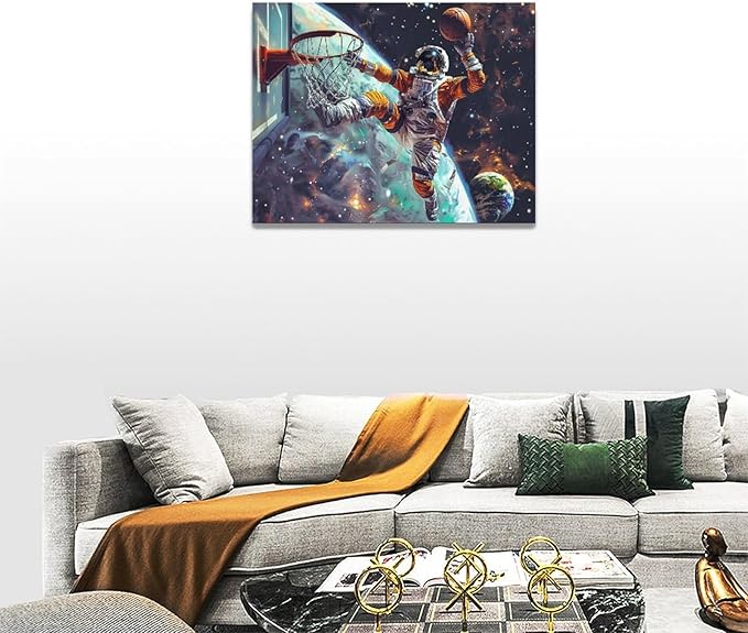 Quorin Astronaut Wall Art Funny Spaceman Basketball Pictures Space Galaxy Planet Wall Decor Canvas Print Painting Artwork for Bathroom Living Room Bedroom 12"x16"