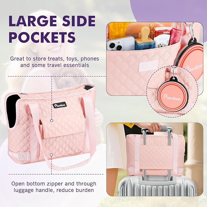 Pawaboo Dog Purse Carrier for Small Dogs with Pocket, Lightweight Dogs and Puppies Tote Bag Carrier, Dog Carriers Soft Sided for Puppy Cat Rabbit, Shopping Travel Puppy Carriers Under 11 LBS, Pink