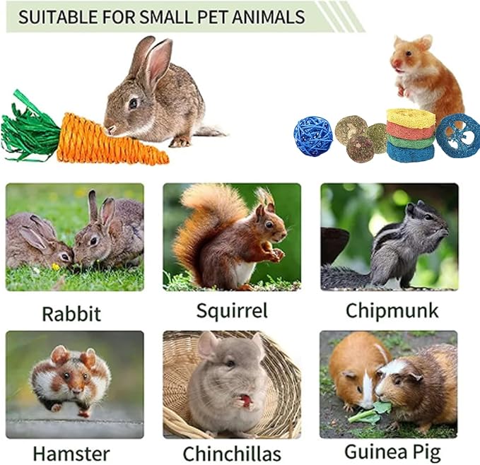 Grddaef 18 PCS Bunny Toys, Rabbit Toys Guinea Pig Toy Natural Apple Wood Grass Timothy Sticks Chew and Treat for Guinea Pigs Hamster Chinchillas