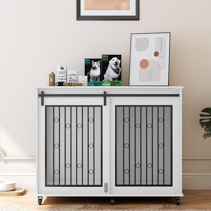 IchbinGo Large Dog Crate Furniture, 47" Wooden Dog Kennel with Sliding Barn Door, Flip-Top Lid & Wheels, Indoor Pet Crate Table with Detachable Divider for Small/Medium/Large Dogs (White)